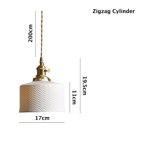 Ceramic Ribbed Pendant LED Light in Japanese Zigzag Cylinder Shape - Bulb Included