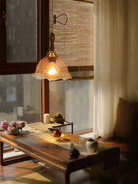 Cracked Tea Glass Pendant LED Light with Wooden Handle in Vintage Style - Bulb Included