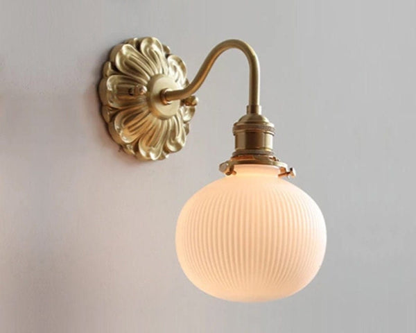 Ribbed Ceramic Ball Shaped Wall Light with Brushed Brass Carved Flower Lamp Fixture - Bulb Included