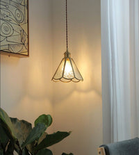 Patterned Glass Pendant LED Light with Golden Brass Frame in Vintage Style - Bulb Included