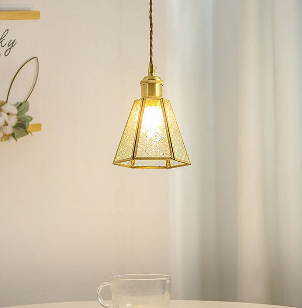 Patterned Glass Pendant LED Light with Golden Brass Frame in Vintage Style - Bulb Included