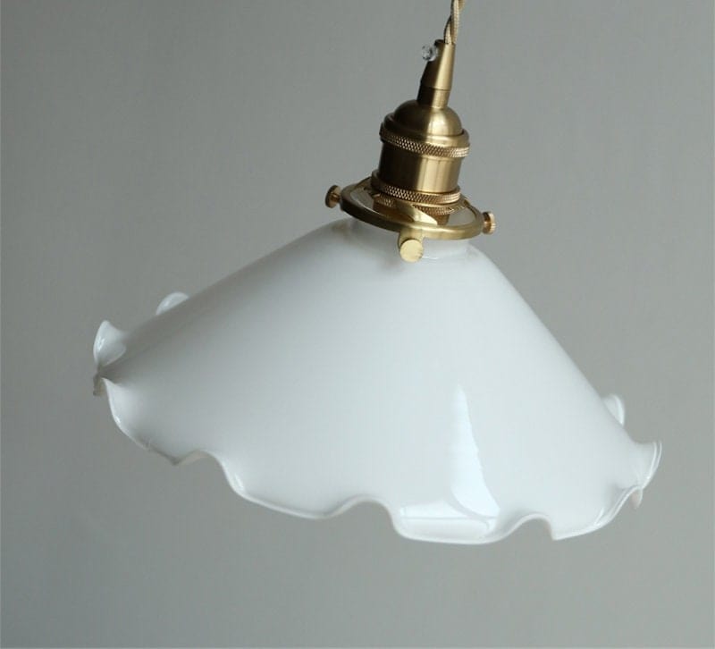 White Opaline Glass Flower Pendant LED Light with Brushed Brass Lamp Holder in Vintage Style - Bulb Included