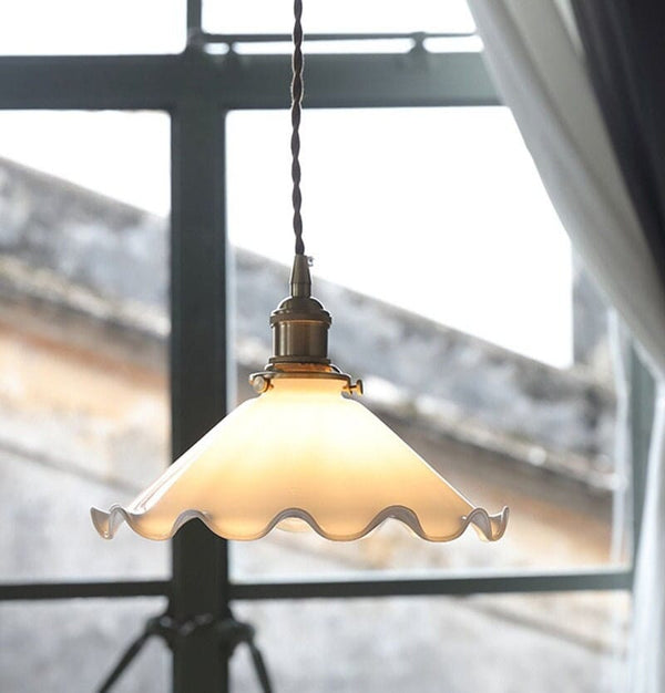 White Opaline Glass Flower Pendant LED Light with Brushed Brass Lamp Holder in Vintage Style - Bulb Included