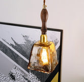 Handmade Embossed Tea Glass Pendant LED Light with Wooden Handle in Vintage Style - Bulb Included