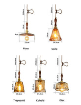 Handmade Embossed Tea Glass Pendant LED Light with Wooden Handle in Vintage Style - Bulb Included