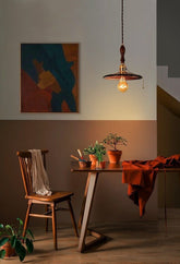 Handmade Embossed Tea Glass Pendant LED Light with Wooden Handle in Vintage Style - Bulb Included