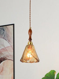 Handmade Embossed Tea Glass Pendant LED Light with Wooden Handle in Vintage Style - Bulb Included