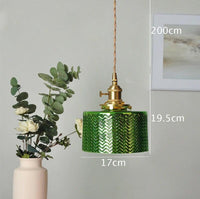 Shiny Green Glass Cylinder Pendant LED Light in Art Deco Style - Bulb Included