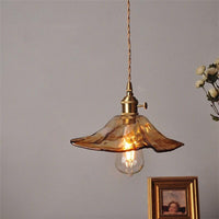Tea Coloured Glass Pendant LED Light with Handkerchief Lampshade in Vintage Style - Bulb Included