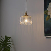 Fluted Glass Short Cylinder Pendant LED Light in Vintage Style - Bulb Included