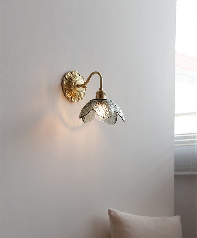 Seeded Glass Lotus Flower Wall Light with Brushed Brass Carved Flower Lamp Fixture - Bulb Included