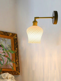 Spiral Glass Wall Light with Walnut Wood Lamp Fixture in Vintage Style - Bulb Included