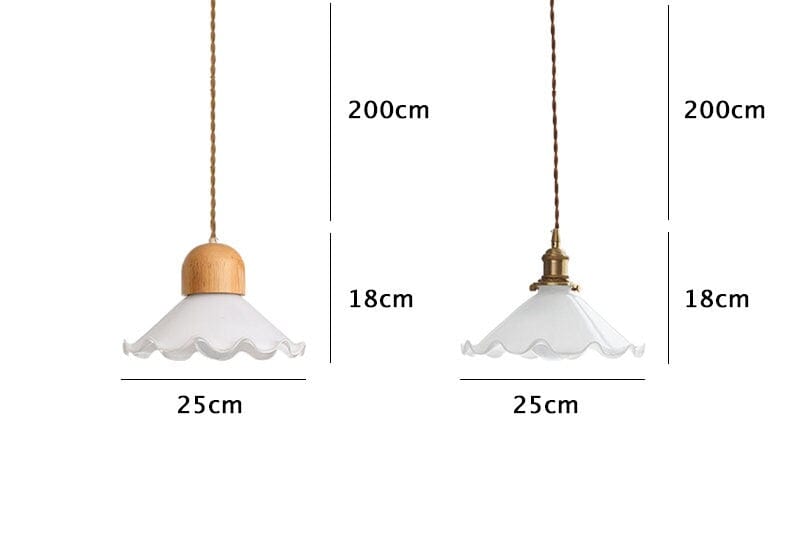 White Opaline Glass Flower Pendant LED Light with Oak Wood Lamp Holder in Vintage Style - Bulb Included
