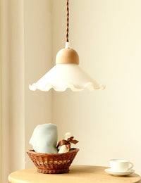 White Opaline Glass Flower Pendant LED Light with Oak Wood Lamp Holder in Vintage Style - Bulb Included