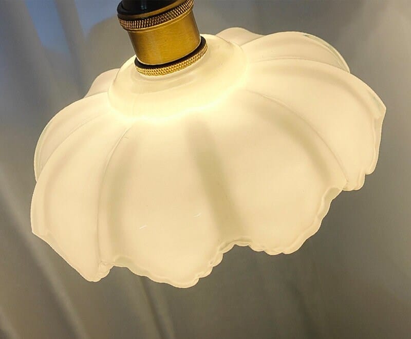 White Opaline Glass Lotus Flower Pendant LED Light with Brushed Brass Lamp Holder in Vintage Style - Bulb Included