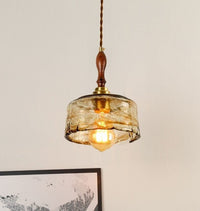 Handmade Embossed Tea Glass Pendant LED Light with Wooden Handle in Vintage Style - Bulb Included