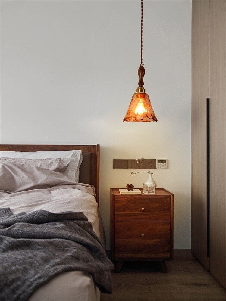 Handmade Embossed Tea Glass Pendant LED Light with Wooden Handle in Vintage Style - Bulb Included