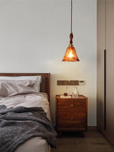 Handmade Embossed Tea Glass Pendant LED Light with Wooden Handle in Vintage Style - Bulb Included
