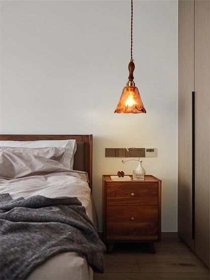 Handmade Embossed Tea Glass Pendant LED Light with Wooden Handle in Vintage Style - Bulb Included
