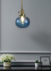 Handmade Blue Glass Ball Pendant LED Light in Vintage Style - Bulb Included