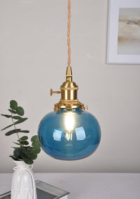 Handmade Blue Glass Ball Pendant LED Light in Vintage Style - Bulb Included