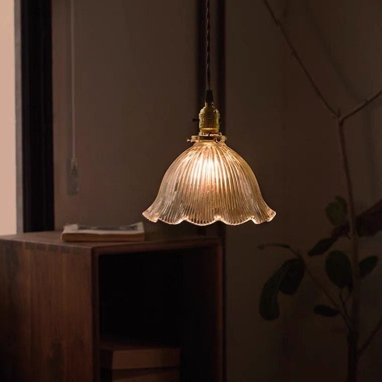 Classic Fluted Glass Flower Pendant LED Light in French Vintage